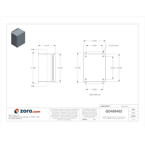 Wiegmann Carbon Steel Electrical Enclosures, 10 in H, 6 in D, 8 in W, NEMA 12, Hinged - B100806CH