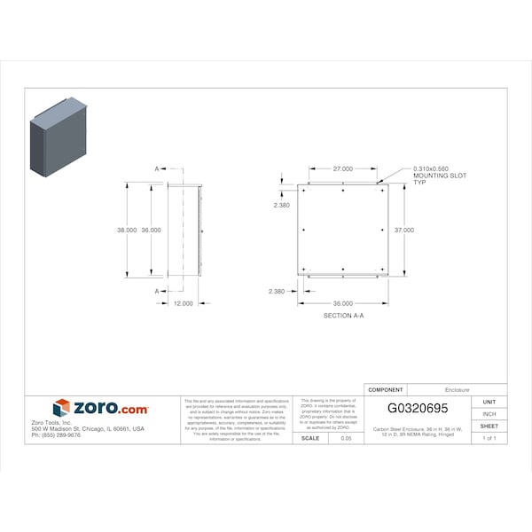 Wiegmann Carbon Steel Electrical Enclosures, 36 in H, 12 in D, 36 in W, NEMA 3R, Hinged - RHC363612