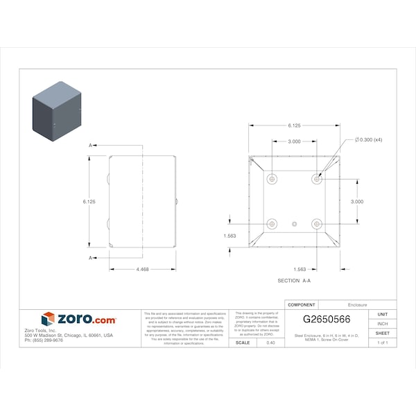 Wiegmann Carbon Steel Electrical Enclosures, 6 in H, 4 in D, 6 in W, NEMA 1, Screw On - SC060604GNK