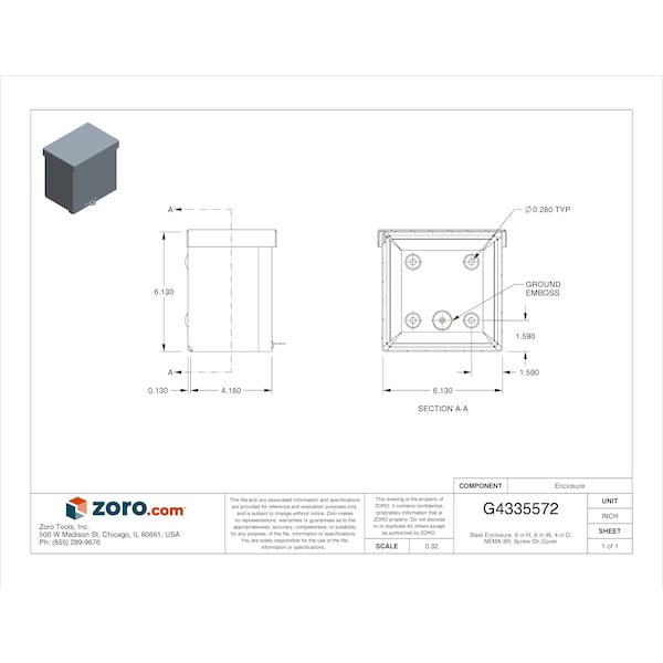 Wiegmann Carbon Steel Electrical Enclosures, 6 in H, 4 in D, 6 in W, NEMA 3R, Screw On - RSC060604GNK
