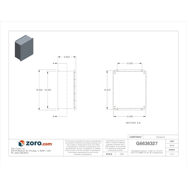 Wiegmann Fiberglass Electrical Enclosures, 17.69 in H, 8.45 in D, 16 in W, NEMA 12, 4X, 6P, Hinged - HW-J181608CHQR