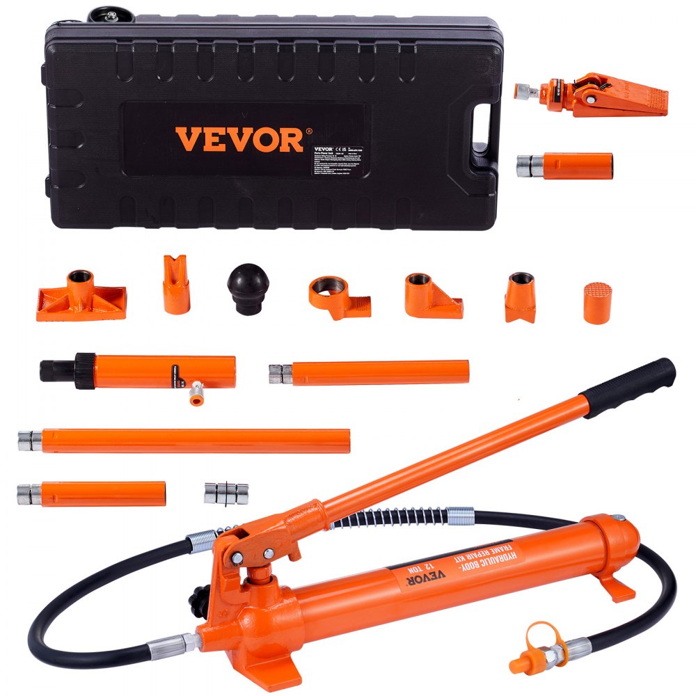 VEVOR 12 Ton Porta Power Kit, Hydraulic Ram with Pump with 4.6 ft/1.4 m Oil Hose, Portable Hydraulic Jack with Storage Case for Automotive, Garage, Farm, Mechanic (26455 LBS) - FLDTJ12ABSTPUZ0B7V0