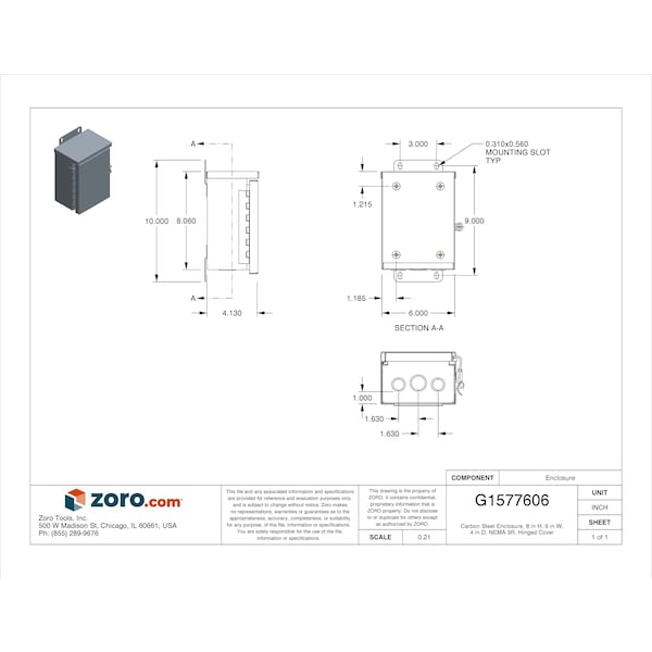 Wiegmann Carbon Steel Electrical Enclosures, 8 in H, 4 in D, 6 in W, NEMA 3R, Hinged - RHC060804