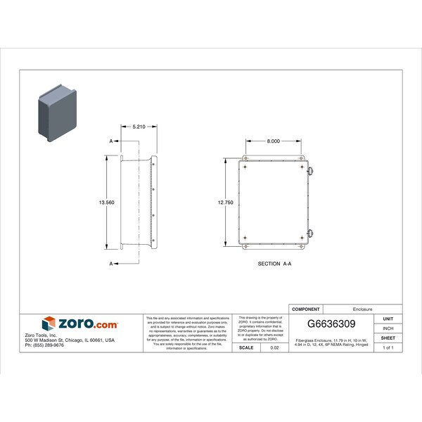 Wiegmann Fiberglass Electrical Enclosures, 11.79 in H, 4.94 in D, 10 in W, NEMA 4X, 6P, 12, Hinged - HW-J121005CHQR