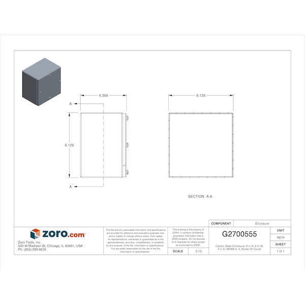 Wiegmann Carbon Steel Electrical Enclosures, 6 in H, 4 in D, 6 in W, NEMA 4, Screw On - WA060604GSC