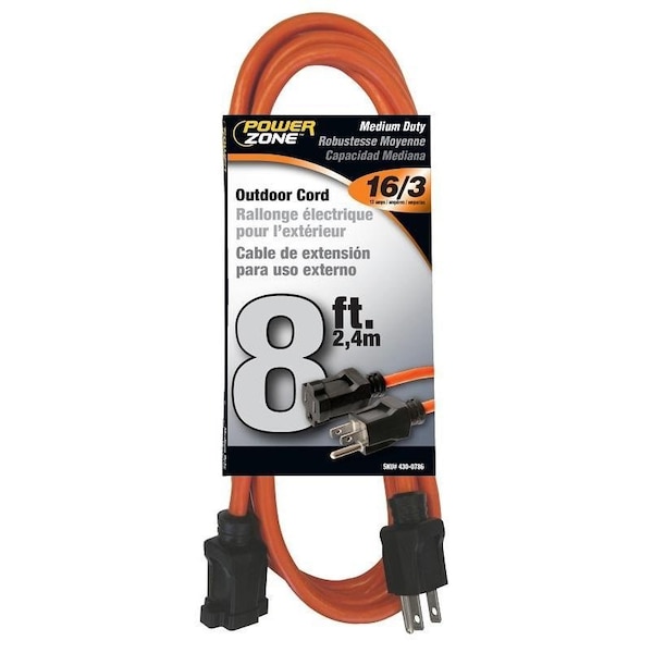 Powerzone Extension Cord, 16 AWG, Outdoor, 8 ft - OR501608