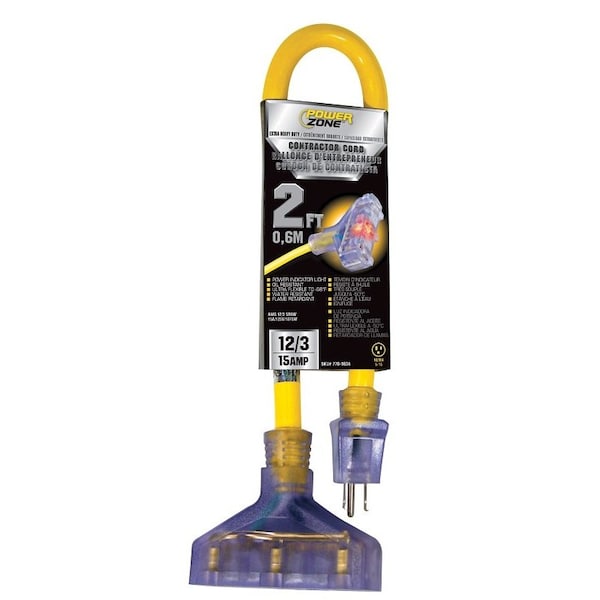 Powerzone Extension Cord, 12 AWG, 12/3, 3 Outlets, 2 ft - ORADL611802