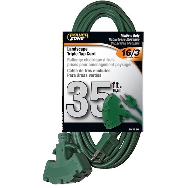 Powerzone Extension Cord, 16 AWG, Outdoor, 3 Outlets, 35 ft - OR605627