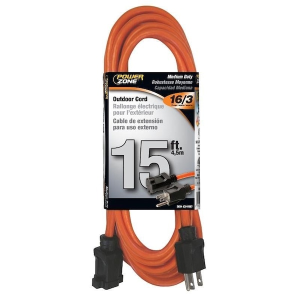 Powerzone Extension Cord, 16 AWG, Outdoor, 15 ft - OR501615