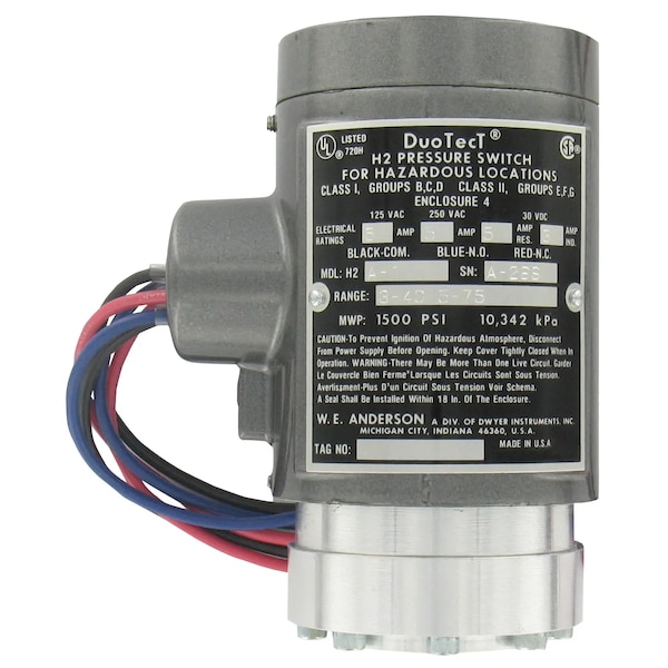 Interruptor de presión a prueba de explosión de acción dual Duotect® de Dwyer Instruments, rango bajo de 100-1000 psig, 150-1500 psig – H2S-3