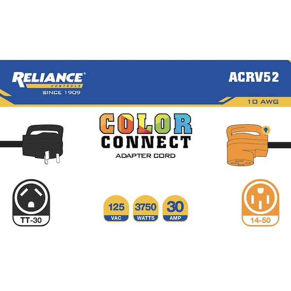 Reliance Controls Color Connect 10/3 SJTW 125 V 12 in. L Adapter Cord - AC52RV
