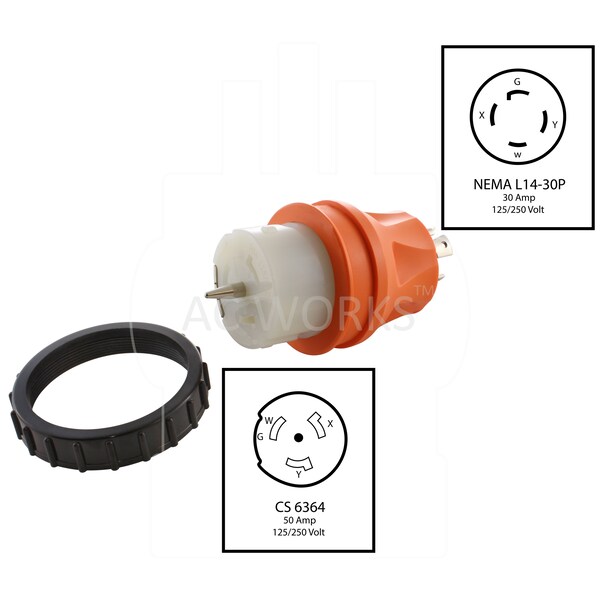 Ac Works Transfer Switch/Temp Power L14-30P 30A 4-Prong Plug to CS6364 50A Connector - ADTEL1430