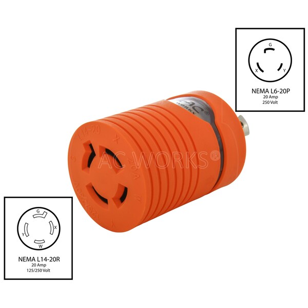 Ac Works Adapter L6-20P 20A 250V Locking Plug to 4-Prong 20A L14-20R Connector - ADL620L1420