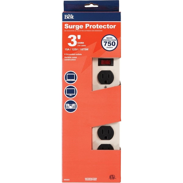 All-Source 6-Outlet 750J Gray Metal Surge Protector Strip with 3 Ft. Cord - LTS-6ES