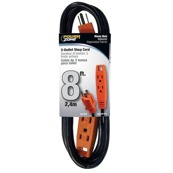 Powerzone OR890708 Extension Cord, 8 ft L, Grounded Plug, 3 -Outlet, Receptacle Outlet, 15 A, 125 V - EC890708
