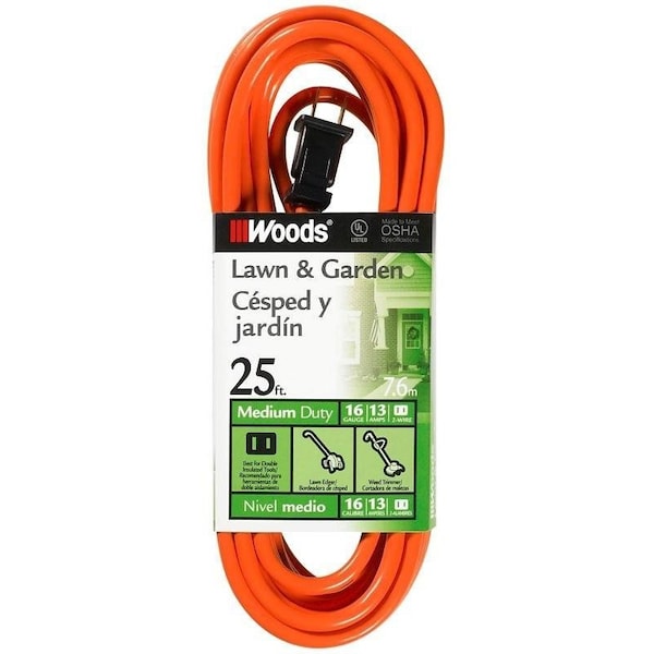Woods Extension Cord, 16 AWG, Outdoor, 16/3, 25 ft - 0722