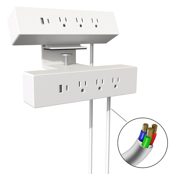 Richelieu Hardware 120 V Dual Clamp-On Power Bar and USB Power Station, White - 3641313030