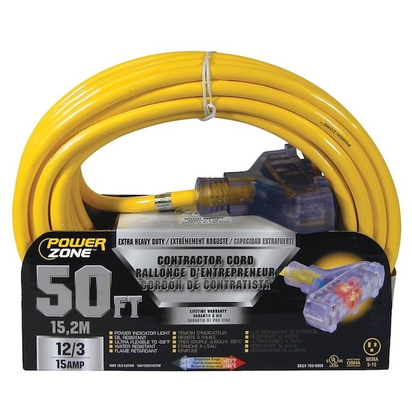 Powerzone Extension Cord, 12 AWG, Outdoor, 3 Outlets, 50 ft - ORP611830