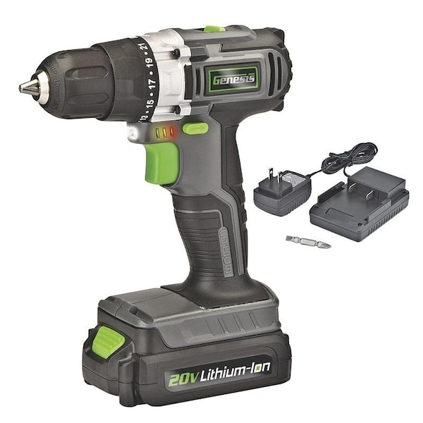 Genesis Drill/Driver, Battery Included, 20 V, 1.5 mAh, 3/8 in Chuck - GLCD2038A