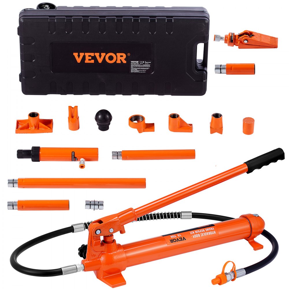 VEVOR 10 Ton Porta Power Kit, Hydraulic Ram with Pump, Car Jack with 4.6 ft/1.4 m Oil Hose, Bent Frame Repair Tool with Storage Case for Automotive, Garage, Heavy Equipment, Mechanic (22046 LBS) - FLDTJ10ABSTPUA8NIV0