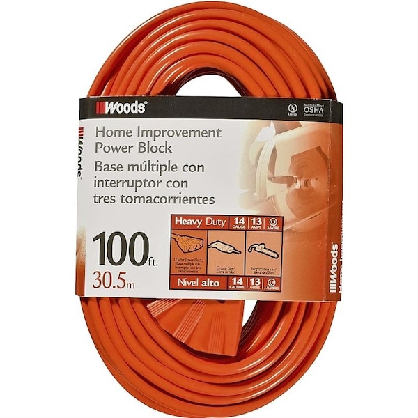 Woods Extension Cord, 14 AWG, Outdoor, 3 Outlets, 100 ft - 0827