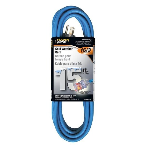 Powerzone Cold Weather Extension Cord, 16 AWG, Outdoor, 15 ft - ORCW511615