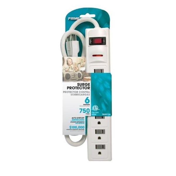 Prime Prime PB802124 6 Outlet White 750J Surge Protector with 3 ft. Cord - PB802124