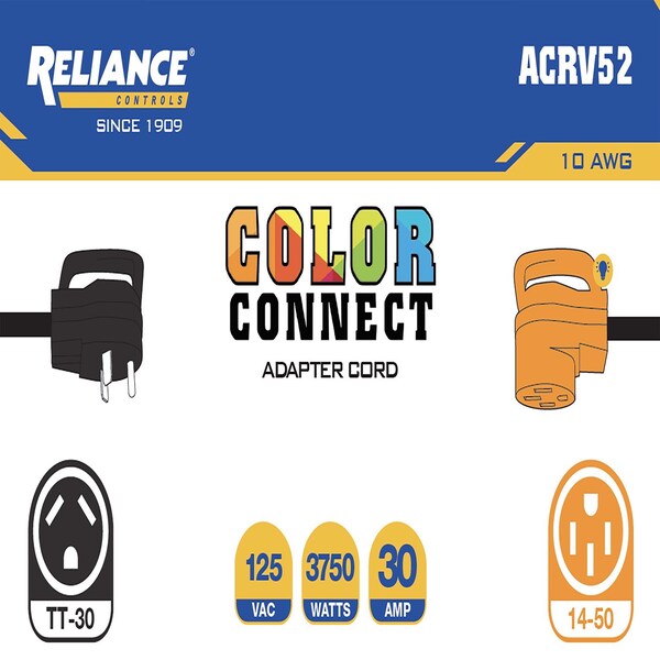 Reliance Controls Color Connect 10/3 SJTW 125  12 in. L Generator Power Cord Adapter - ACRV52