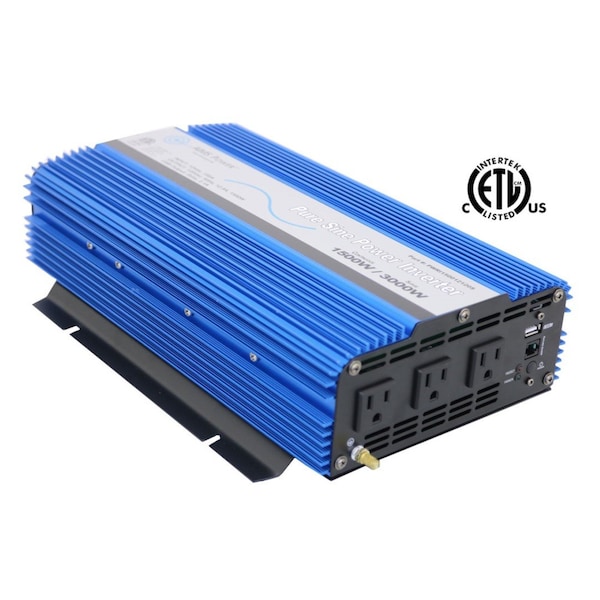 Aims Power Power Inverter, Pure Sine Wave, 3,000 W Peak, 1,500 W Continuous, 3 Outlets - PWRI150012120S