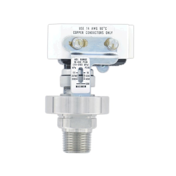 Interruptor de presión de Dwyer Instruments, rango de 16-450 psig 1.1-31.0 bar, banda muerta mínima de 15 psig, banda muerta máxima de 50 psig - A1F-O-SS-1-4