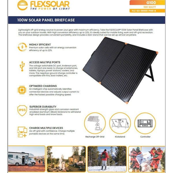 Flexsolar Monocrystalline Solar Panel Kit, 100 W, 18.4V DC, 5.43 A - G100