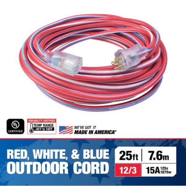 Coleman Cable SJTW Extension Cord, 12 AWG, Indoor/Outdoor, 12/3, Blue/Red/White, 25 ft - 2547SWUSA1