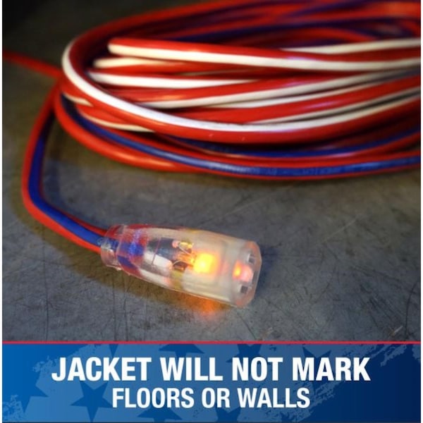 Coleman Cable SJTW Extension Cord, 12 AWG, Indoor/Outdoor, 12/3, Blue/Red/White, 25 ft - 2547SWUSA1