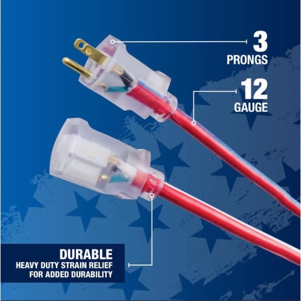 Coleman Cable SJTW Extension Cord, 12 AWG, Indoor/Outdoor, 12/3, Blue/Red/White, 25 ft - 2547SWUSA1