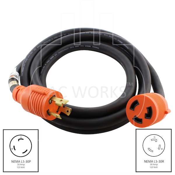 Ac Works SOOW; Cold Weather Extension Cord, 10 AWG, Indoor/Outdoor, 10/3, 1 Outlets, Black, Rubber, Nylon - L530PR-010
