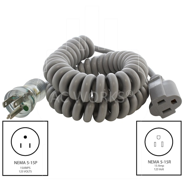 Ac Works SJTW Extension Cord, 18 AWG, Indoor, 18/3, 1 Outlets, 5-15R, Gray, PVC, 5-15P, 6.5 ft - MDC515PR-LN