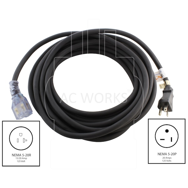 Ac Works SJTW; Cold Weather Extension Cord, 12 AWG, Indoor/Outdoor, 12/3, 1 Outlets, Black, PVC, 5-20P - S520PR-050