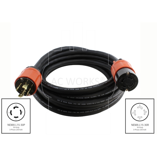 Ac Works SOOW; Cold Weather Extension Cord, 10 AWG, Indoor/Outdoor, 10/4, 1 Outlets, Black, Rubber, Nylon - L1530PR-025