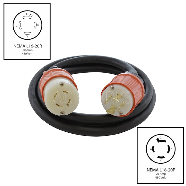 Ac Works SOOW Extension Cord, 12 AWG, Indoor/Outdoor, 12/4, 1 Outlets, L16-20R, Black, Rubber, L16-20P - L1620PR-050