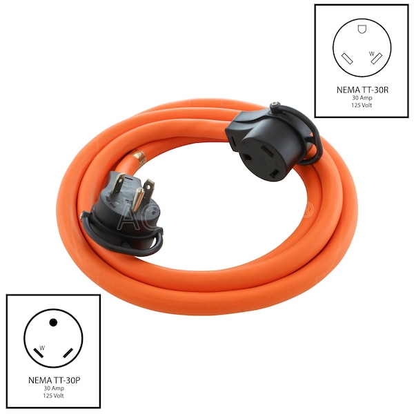 Ac Works STW Extension Cord, 10 AWG, Indoor/Outdoor, 10/3, 1 Outlets, TT-30R, Orange, PVC, TT-30P, 25 ft - TT30PR-025F
