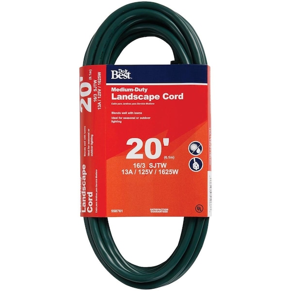 All-Source Extension Cord, 16 AWG, Outdoor, 16/3, 20 ft - OU-JTW163-20X-GR