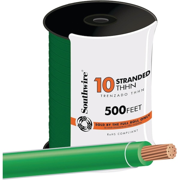 Southwire THHN, Building Wire, 10 AWG, Green, Stranded, 500 ft - 22977357