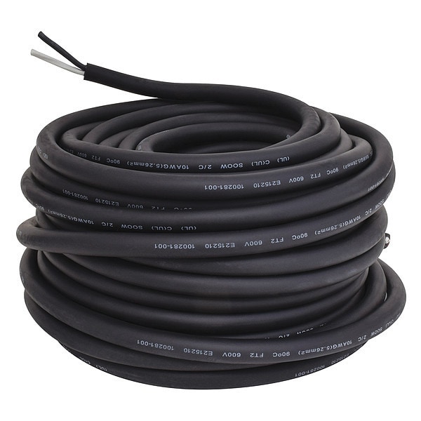 Zoro Select Portable Cord, SOOW, 10 AWG, 2 C, Black, Rubber, Stranded, 600V, Indoor/Outdoor - E3676