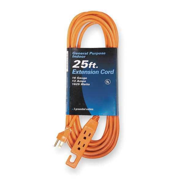 Power First SJT Extension Cord, 16 AWG, Indoor, 16/3, 3 Outlets, 5-15R, Orange, PVC, 5-15P, 25 ft - 1FD73