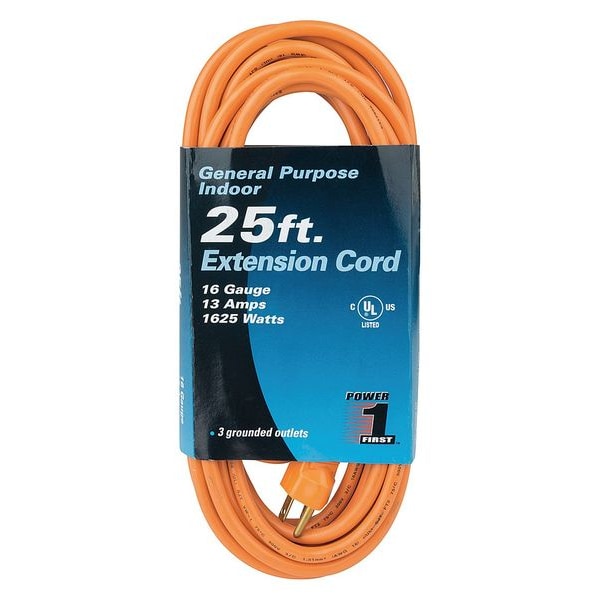 Power First SJT Extension Cord, 16 AWG, Indoor, 16/3, 3 Outlets, 5-15R, Orange, PVC, 5-15P, 25 ft - 1FD73