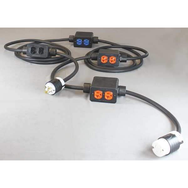 Kh Industries SOOW; Feed Through Stringer Extension Cord, 12 AWG, Indoor, 12/4, 8 Outlets, 5-20R, Black, Rubber - PS6DD4-520-B12M-L1420F