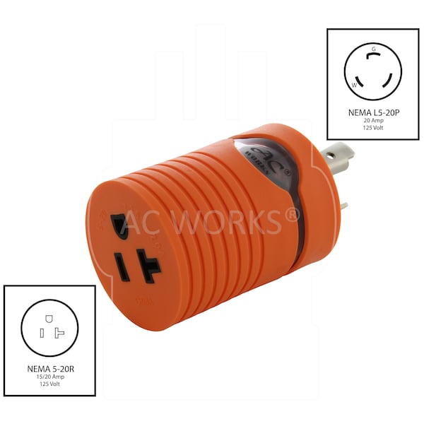 Ac Works Adapter 20A 125V L5-20P Male Plug To 5-15/20R 15/20A T-blade Female Connector - ADL520520