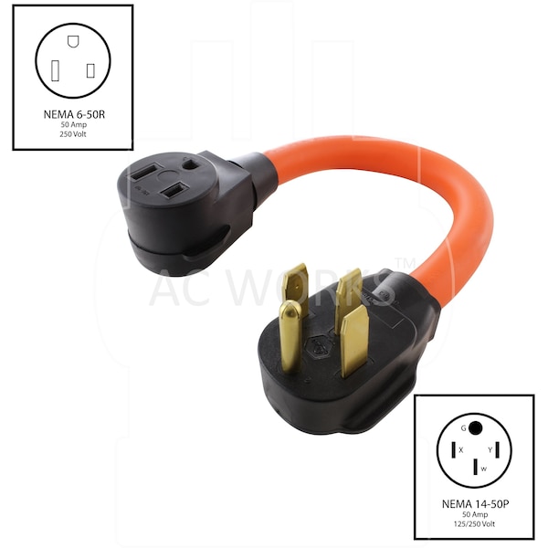 Ac Works 1.5FT 50A RV/ Range/ Generator 14-50 Plug to 6-50R 50A 250V Welder Adapter - WD1450650-018