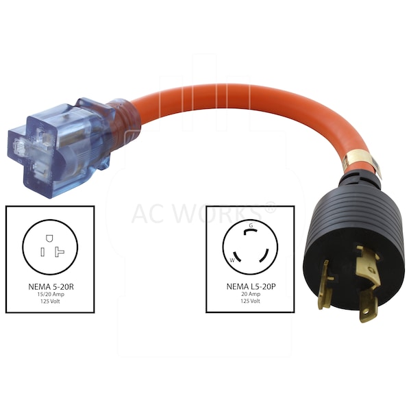Ac Works 1FT 20A 3-Prong L5-20P Plug to 15/20A Household T-Blade Lighted Connector - L520520-012