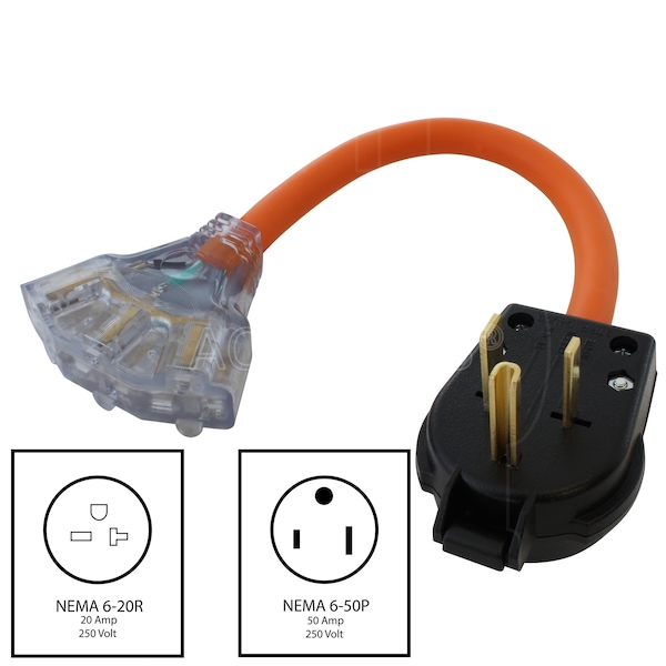 Ac Works 1.5FT 50A 3-Prong Welder 6-50P Plug to 3 NEMA 6-15/20 Tri-Outlets - S650W620-018